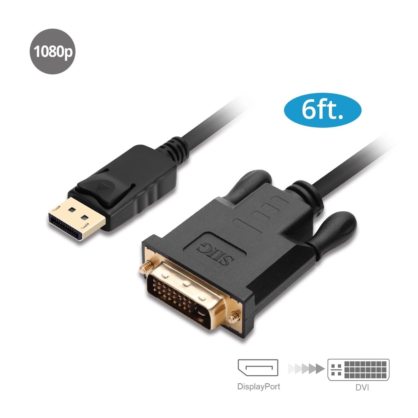 SIIG CB-DP1V12-S1 6Ft DisplayPort DP to DVI-D Single Link Cable Black