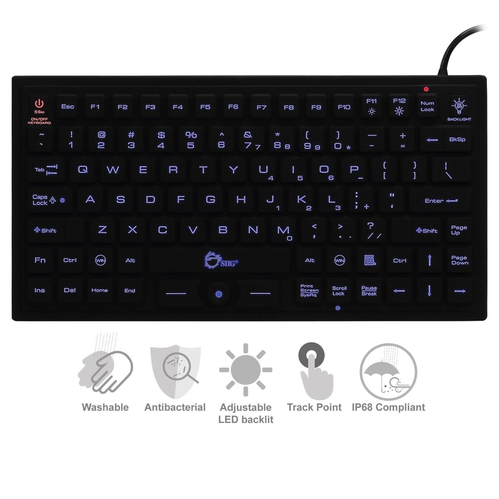 SIIG JK-US0911-S1 Ind Medical Washable 89-Key Backlit Keyboard w Pointing Device