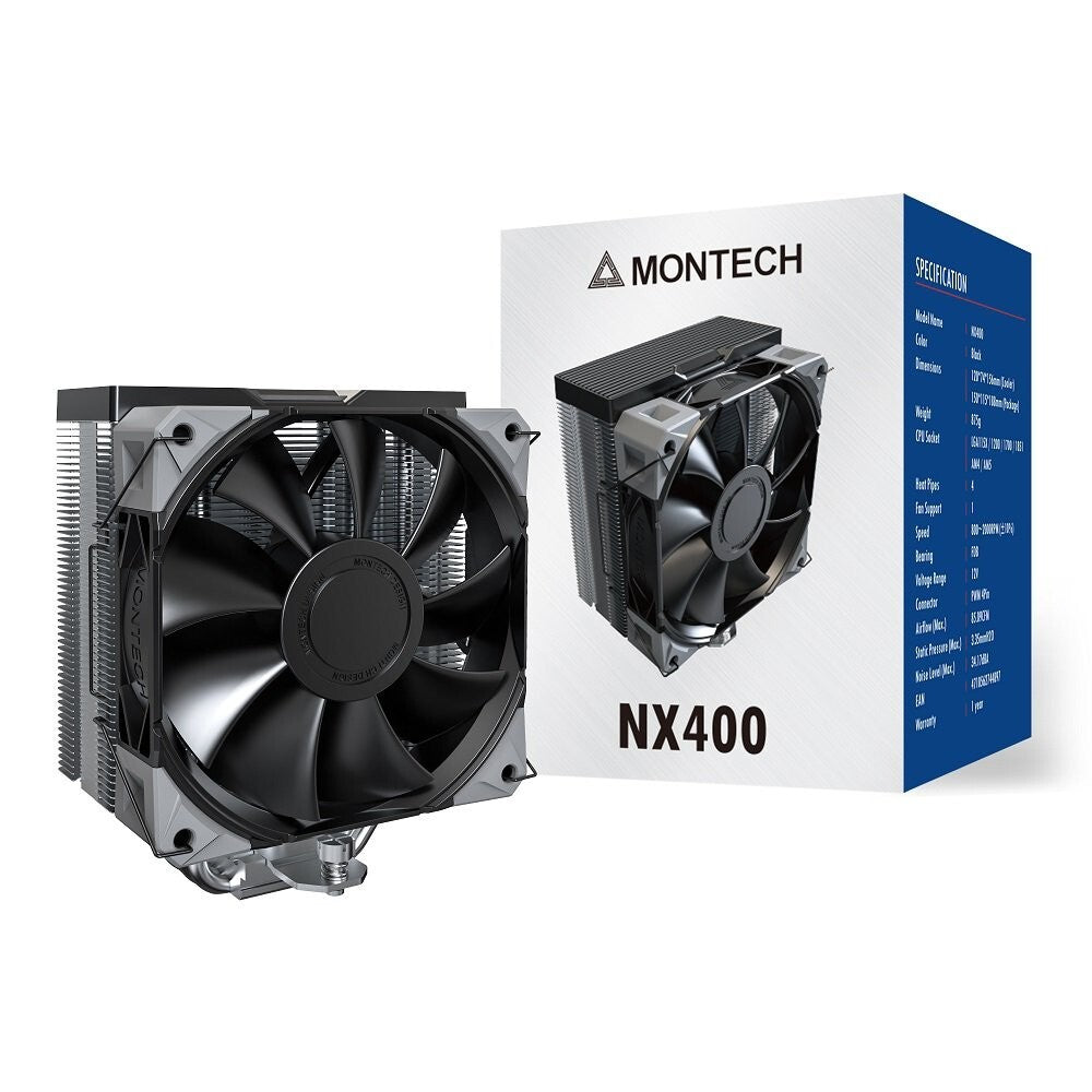MONTECH NX400B NX400 CPU Air Cooler, Single Tower, 4 Advanced Heat Pipes, 52-fin