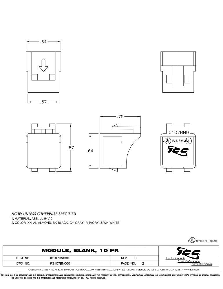 ICC IC107BN0GY Blank Module HD Keystone Insert Gray 10pk per Order