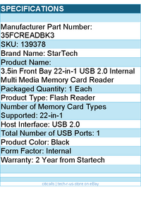 StarTech 35FCREADBK3 3.5inch Front Bay 22in1 USB2.0 Card Reader Black Retail