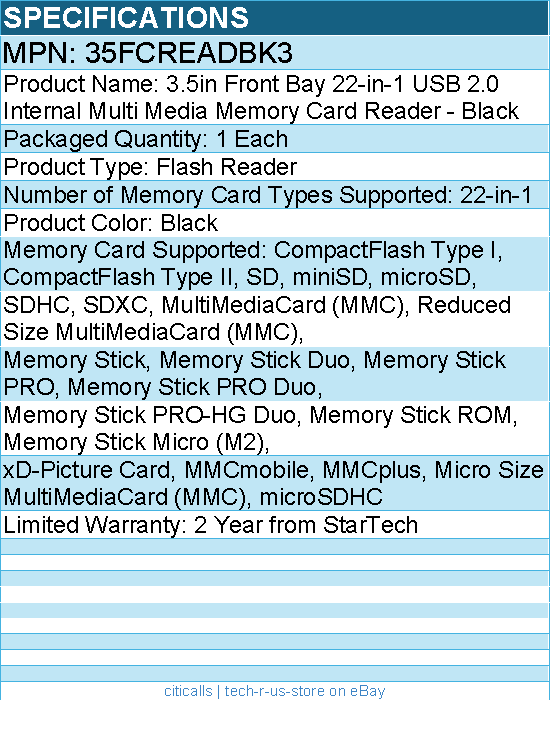 StarTech 35FCREADBK3 3.5in Front Bay 22-in-1 - Multi Media Memory Card Reader