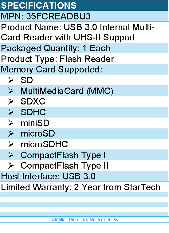 StarTech 35FCREADBU3 USB 3.0 Internal Multi-Card Reader with UHS-II Support