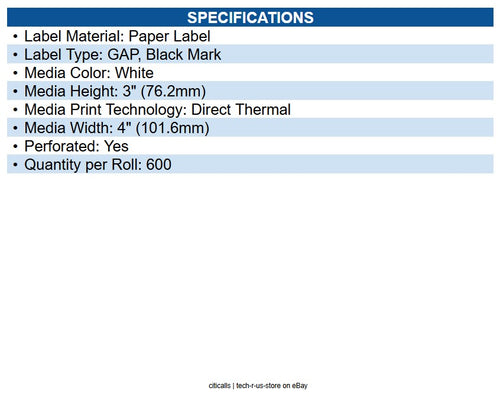 Star Micronics 37967430 Labels TSP800: 111mm Roll Width, 4 1/8 x 3 Inch Labels