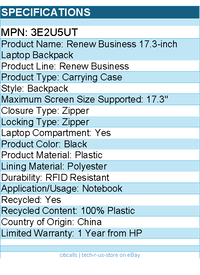 HP 3E2U5UT Renew Business Carrying Case (Backpack) for 17.3" Notebook - Black