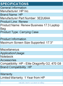 HP 3E2U6AA Renew Carrying Case for 17.3" HP Notebook - Black