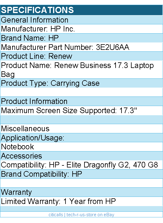HP 3E2U6AA Renew Carrying Case for 17.3" HP Notebook - Black