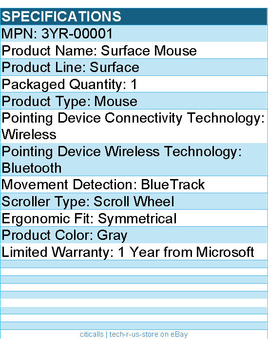 Microsoft 3YR-00001 Surface Mouse - BlueTrack - Wireless - Bluetooth - Gray