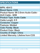 C2G 40413 6ft 3.5mm Audito Cable - AUX Cable - M/M - Black