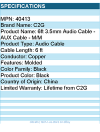 C2G 40413 6ft 3.5mm Audito Cable - AUX Cable - M/M - Black