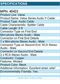 C2G 40423 6ft Value Series One 3.5mm Stereo Male to Two RCA Stereo Male Y-Cable