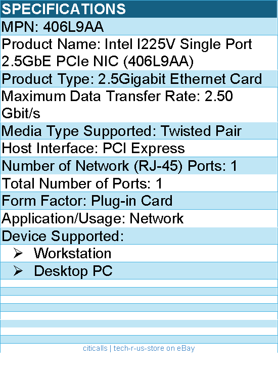 HP 406L9AA Intel I225V Single Port 2.5GbE PCIe NIC  - PCI Express