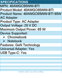 BTI 40AWGC65WW-BTI 40AWGN65US-BTI 20V 65W TYPE-C GAN AC ADAPTER
