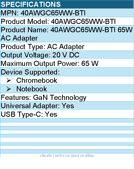 BTI 40AWGC65WW-BTI 40AWGN65US-BTI 20V 65W TYPE-C GAN AC ADAPTER