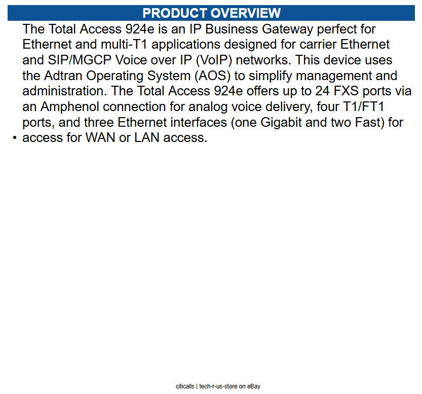 Adtran 4243924F1#50 Total Access 924e IP Business Gateway perfect for Ethernet