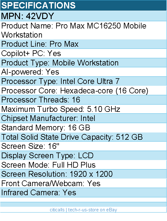 Dell 42VDY Pro Max MC16250 16" Copilot+ PC Mobile Workstation - Intel Core Ultra