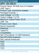 Dell 492-BBUN 65-Watt Auto Air Adapter - USB Type-C - 65 W - Black
