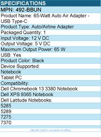 Dell 492-BBUN 65-Watt Auto Air Adapter - USB Type-C - 65 W - Black