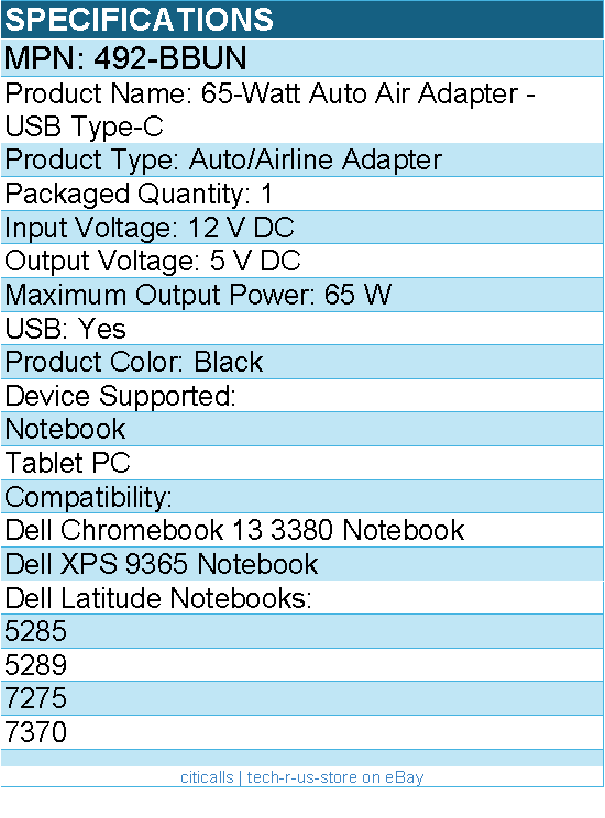 Dell 492-BBUN 65-Watt Auto Air Adapter - USB Type-C - 65 W - Black