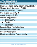 Dell 492-BDDT 90W 4.5mm AC Adapter - 90 W - North America - 6.56 ft
