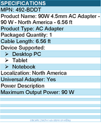 Dell 492-BDDT 90W 4.5mm AC Adapter - 90 W - North America - 6.56 ft