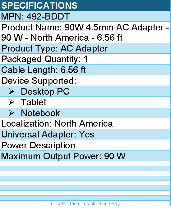 Dell 492-BDDT 90W 4.5mm AC Adapter - 90 W - North America - 6.56 ft