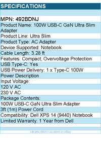 Dell 492BDNJ 100W USB-C GaN Ultra Slim Adapter - 120 V AC, 230 V AC Input
