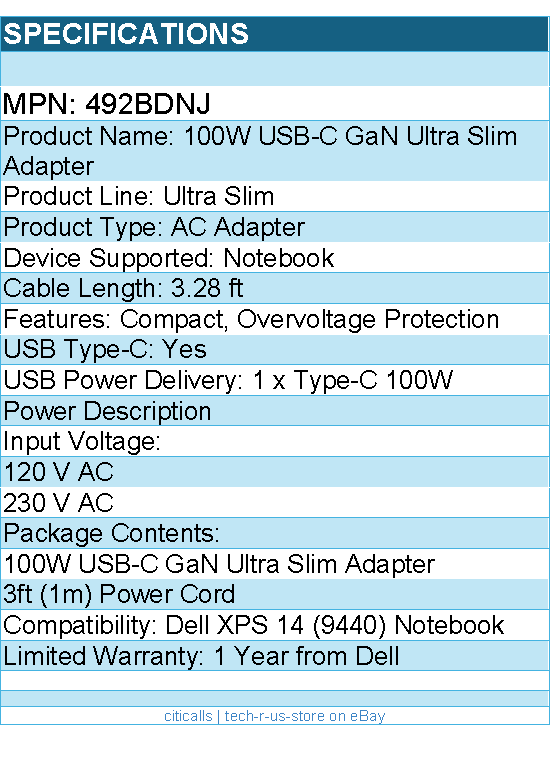 Dell 492BDNJ 100W USB-C GaN Ultra Slim Adapter - 120 V AC, 230 V AC Input