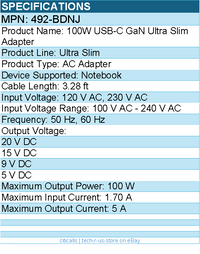 Dell 492-BDNJ 100W USB-C GaN Ultra Slim Adapter - 100 W - 5 A - Black