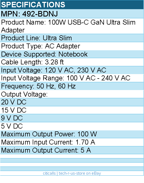 Dell 492-BDNJ 100W USB-C GaN Ultra Slim Adapter - 100 W - 5 A - Black