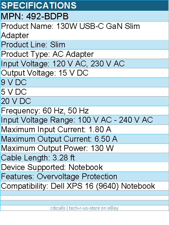 Dell 492-BDPB 130W USB-C GaN Slim Adapter - 130 W - 3.28 ft Cable