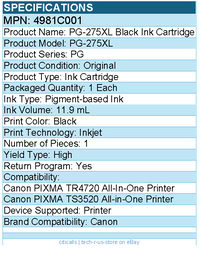 Canon 4981C001 PG-275XL Original High Yield Inkjet Ink Cartridge