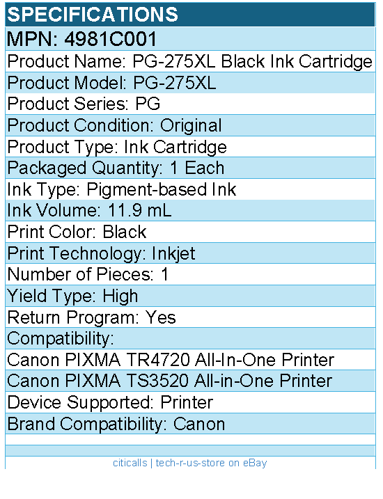 Canon 4981C001 PG-275XL Original High Yield Inkjet Ink Cartridge