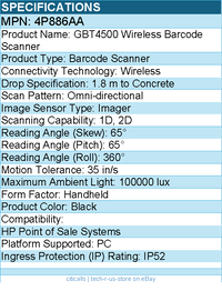 HP 4P886AA Datalogic Gryphon GBT4500 2D Wireless Barcode Scanner