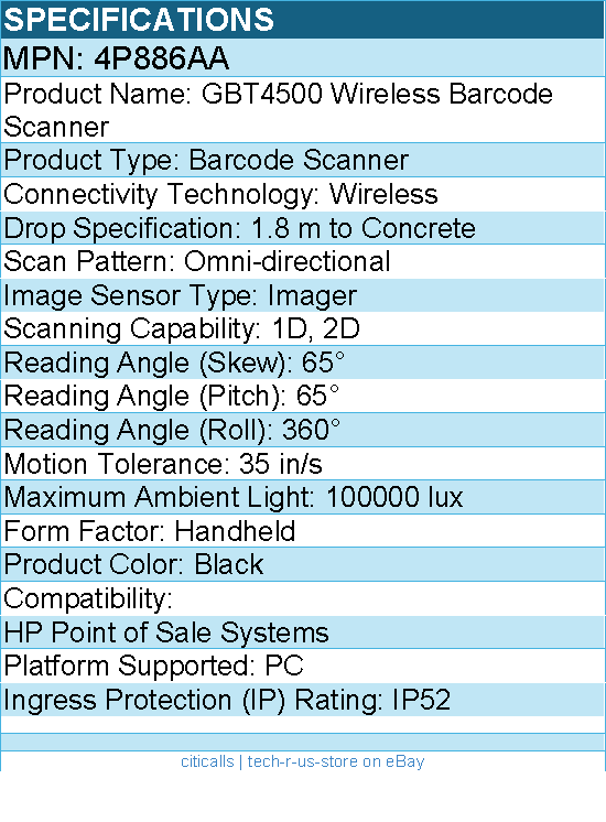 HP 4P886AA Datalogic Gryphon GBT4500 2D Wireless Barcode Scanner
