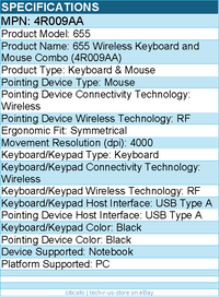 HP 4R009AA 655 Wireless Keyboard and Mouse Combo - USB Type A - Black