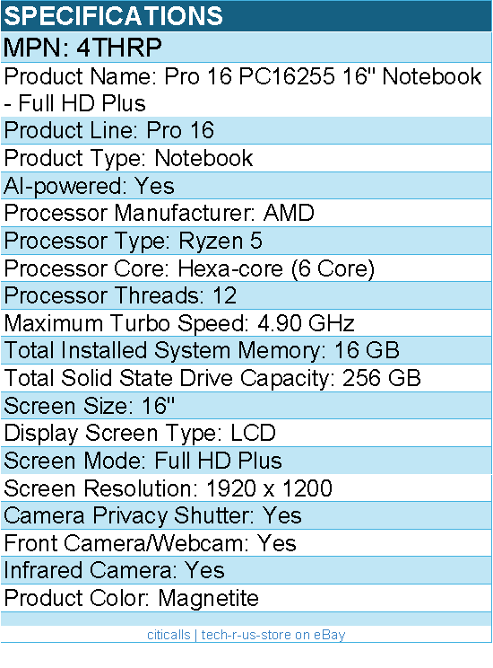 Dell 4THRP Pro 16 PC16255 16" Notebook - Full HD Plus - AMD Ryzen 5 - Magnetite