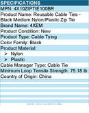 4Xem 4X10ZIPTIE100BR Reusable Cable Ties - Black Medium Nylon/Plastic Zip Tie