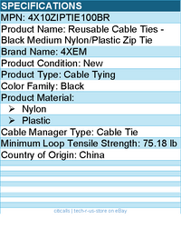 4Xem 4X10ZIPTIE100BR Reusable Cable Ties - Black Medium Nylon/Plastic Zip Tie
