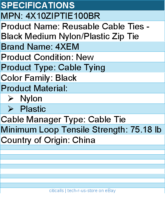 4Xem 4X10ZIPTIE100BR Reusable Cable Ties - Black Medium Nylon/Plastic Zip Tie