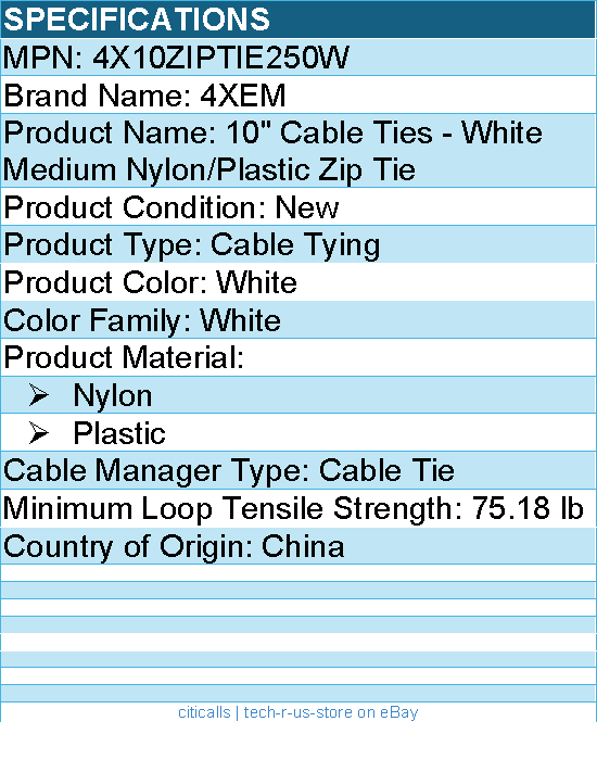 4Xem 4X10ZIPTIE250W  10" Cable Ties - White Medium Nylon/Plastic Zip Tie