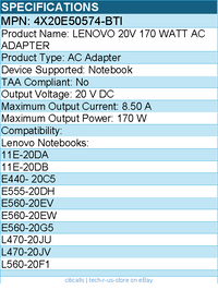BTI 4X20E50574-BTI LENOVO 20V 170 WATT AC ADAPTER - 8.50 A