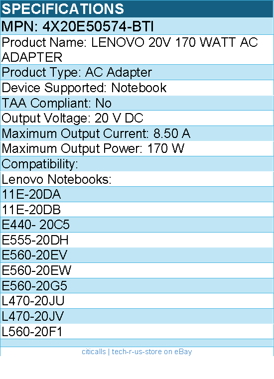 BTI 4X20E50574-BTI LENOVO 20V 170 WATT AC ADAPTER - 8.50 A