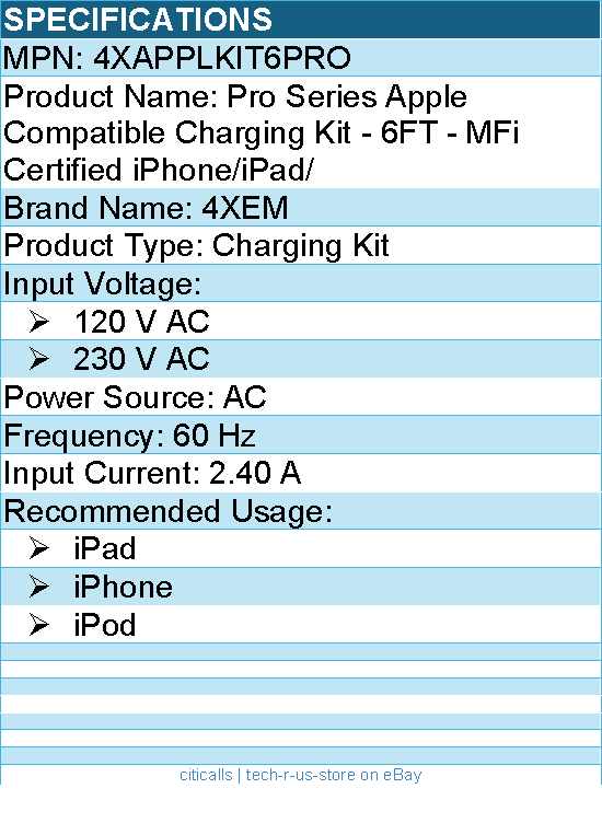 4Xem 4XAPPLKIT6PRO Pro Series Apple Compatible Charging Kit - 6FT