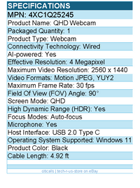 Lenovo 4XC1Q25245 Webcam - 4 Megapixel - 30 fps - Black - USB 2.0 Type C