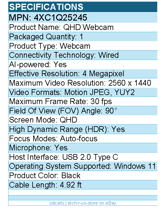 Lenovo 4XC1Q25245 Webcam - 4 Megapixel - 30 fps - Black - USB 2.0 Type C