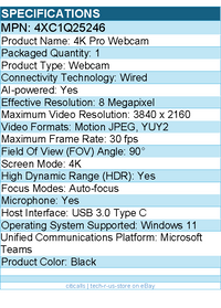 Lenovo 4XC1Q25246 Webcam - 8 Megapixel - 30 fps - Black - USB 3.0 Type C