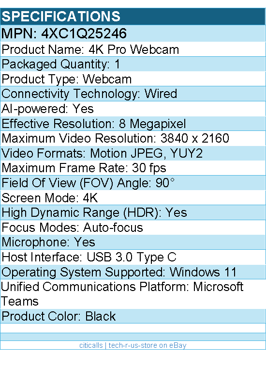 Lenovo 4XC1Q25246 Webcam - 8 Megapixel - 30 fps - Black - USB 3.0 Type C