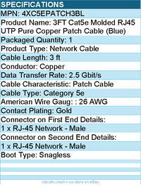 4Xem 4XC5EPATCH3BL 3FT Cat5e Molded RJ45 UTP Pure Copper Patch Cable (Blue)