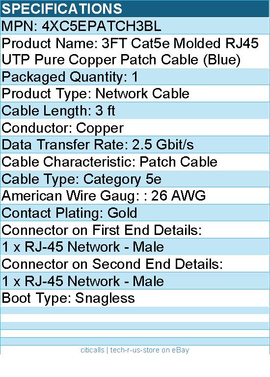 4Xem 4XC5EPATCH3BL 3FT Cat5e Molded RJ45 UTP Pure Copper Patch Cable (Blue)